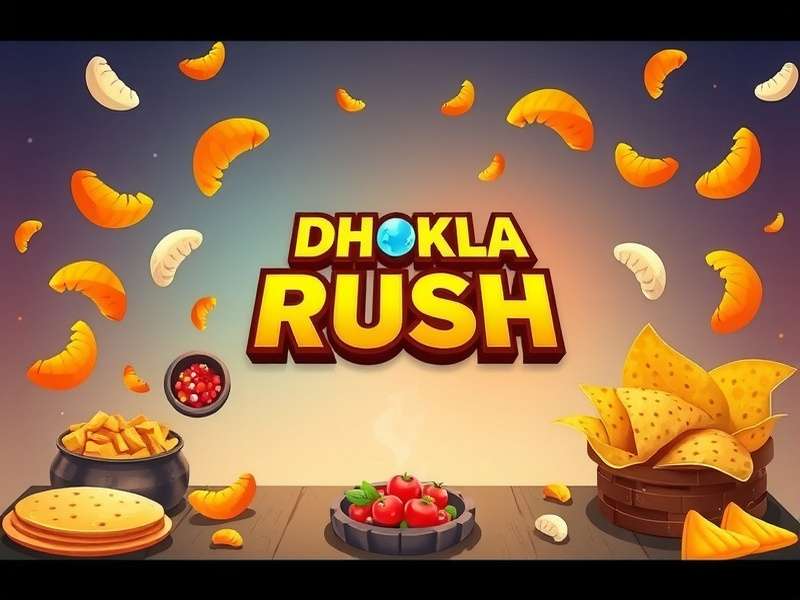 Dhokla Rush game banner featuring colorful Indian snacks